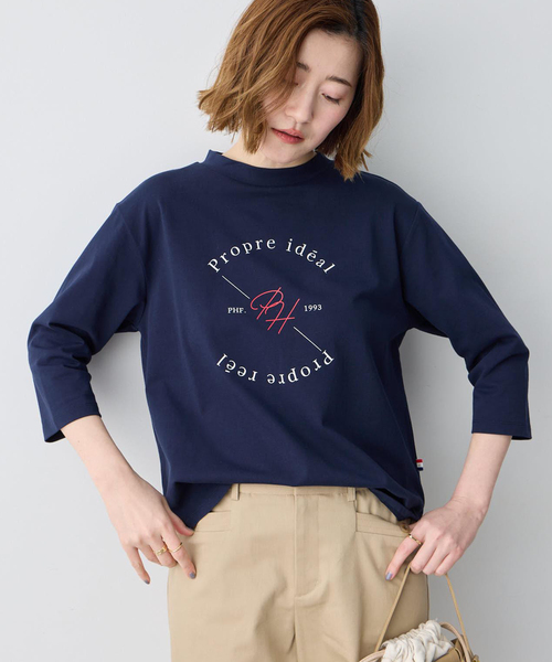 Petit Honfleur(プチオンフルール)の「ロゴプリントモックネックTシャツ【オーガニックコットンブレンド・綿100%】(Tシャツ/カットソー・レディース・ホワイト/ネイビー・M/L)」の8枚目の写真