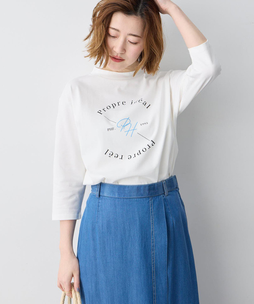 Petit Honfleur(プチオンフルール)の「ロゴプリントモックネックTシャツ【オーガニックコットンブレンド・綿100%】(Tシャツ/カットソー・レディース・ホワイト/ネイビー・M/L)」の10枚目の写真