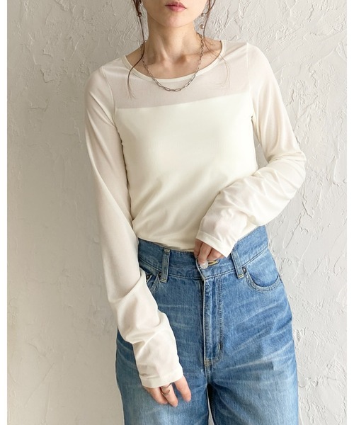 She's Closet(シーズクローゼット)の「長袖 カップ付き 接触冷感 レース シアーロングTシャツ カットソートップス(Tシャツ/カットソー・レディース・ホワイト/ブラック・FREE)」の4枚目の写真