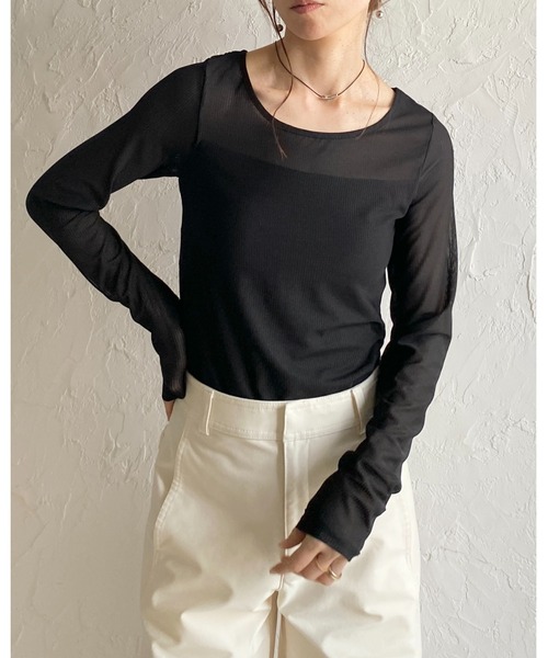 She's Closet(シーズクローゼット)の「長袖 カップ付き 接触冷感 レース シアーロングTシャツ カットソートップス(Tシャツ/カットソー・レディース・ホワイト/ブラック・FREE)」の5枚目の写真