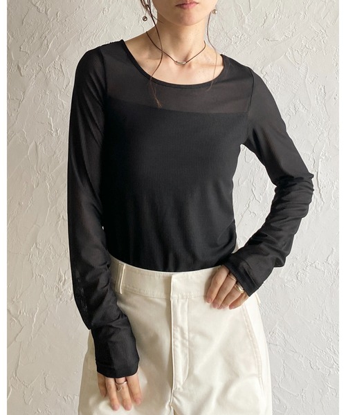 She's Closet(シーズクローゼット)の「長袖 カップ付き 接触冷感 レース シアーロングTシャツ カットソートップス(Tシャツ/カットソー・レディース・ホワイト/ブラック・FREE)」の21枚目の写真