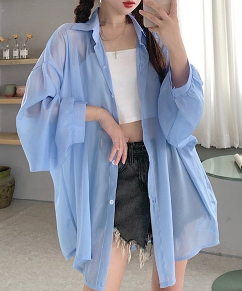 mielu(ミエル)の「シアーオーバーシャツ(シャツ/ブラウス・レディース・アイボリー/グレー/ブルー・MEDIUM/LARGE)」の3枚目の写真