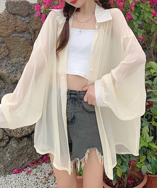 mielu(ミエル)の「シアーオーバーシャツ(シャツ/ブラウス・レディース・アイボリー/グレー/ブルー・MEDIUM/LARGE)」の2枚目の写真