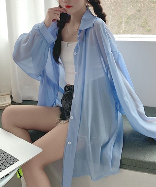 mielu(ミエル)の「シアーオーバーシャツ(シャツ/ブラウス・レディース・アイボリー/グレー/ブルー・MEDIUM/LARGE)」の4枚目の写真