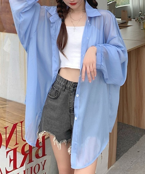 mielu(ミエル)の「シアーオーバーシャツ(シャツ/ブラウス・レディース・アイボリー/グレー/ブルー・MEDIUM/LARGE)」の5枚目の写真