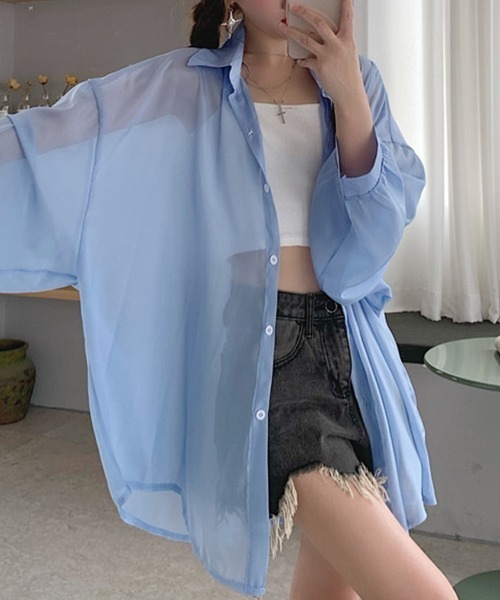 mielu(ミエル)の「シアーオーバーシャツ(シャツ/ブラウス・レディース・アイボリー/グレー/ブルー・MEDIUM/LARGE)」の6枚目の写真