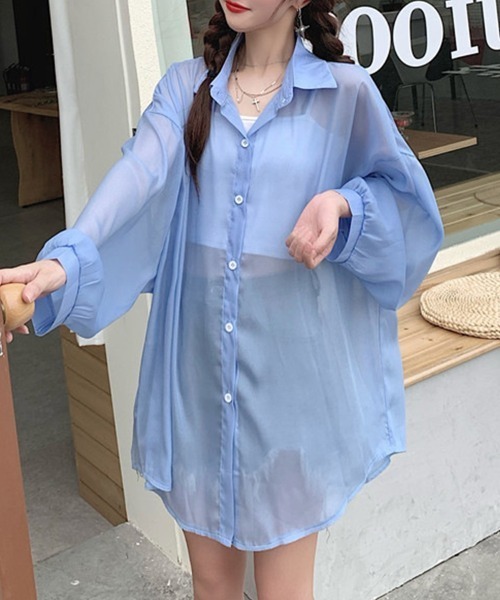 mielu(ミエル)の「シアーオーバーシャツ(シャツ/ブラウス・レディース・アイボリー/グレー/ブルー・MEDIUM/LARGE)」の7枚目の写真