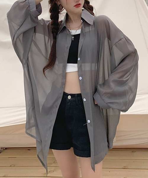 mielu(ミエル)の「シアーオーバーシャツ(シャツ/ブラウス・レディース・アイボリー/グレー/ブルー・MEDIUM/LARGE)」の10枚目の写真