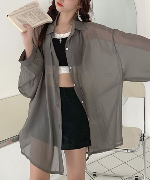 mielu(ミエル)の「シアーオーバーシャツ(シャツ/ブラウス・レディース・アイボリー/グレー/ブルー・MEDIUM/LARGE)」の11枚目の写真