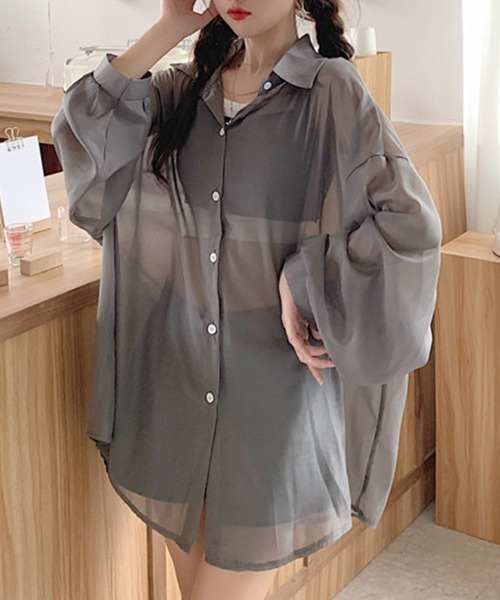 mielu(ミエル)の「シアーオーバーシャツ(シャツ/ブラウス・レディース・アイボリー/グレー/ブルー・MEDIUM/LARGE)」の14枚目の写真