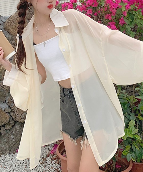 mielu(ミエル)の「シアーオーバーシャツ(シャツ/ブラウス・レディース・アイボリー/グレー/ブルー・MEDIUM/LARGE)」の15枚目の写真