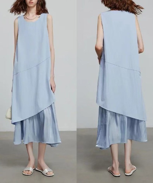 AMAJI(アマジ)の「異素材切替 ノースリーブ フレア ロングワンピース(ワンピース・レディース・ライトブルー・SMALL/MEDIUM/LARGE/X-LARGE)」の3枚目の写真