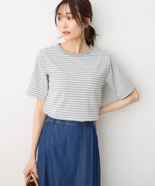 Petit Honfleur（プチオンフルール）の「カップ付ボーダーTシャツ【取り外し可能カップ付き】（Tシャツ/カットソー・レディース・アイボリー/グレー・M/L）」の5枚目の写真