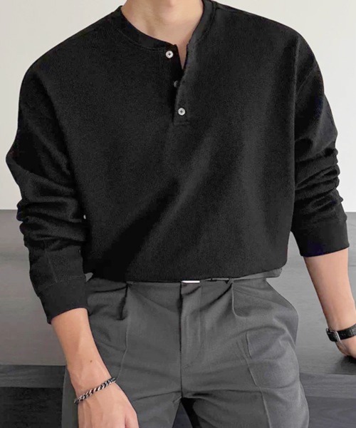 NOWLE(ノウル)の「【NOWLE】3ボタン ヘンリーネック リブ ロンT / ワッフル サーマル(Tシャツ/カットソー・メンズ・ブラック/グレー・MEDIUM/LARGE/X-LARGE)」の7枚目の写真
