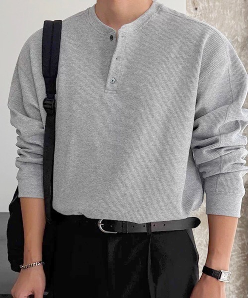 NOWLE(ノウル)の「【NOWLE】3ボタン ヘンリーネック リブ ロンT / ワッフル サーマル(Tシャツ/カットソー・メンズ・ブラック/グレー・MEDIUM/LARGE/X-LARGE)」の12枚目の写真