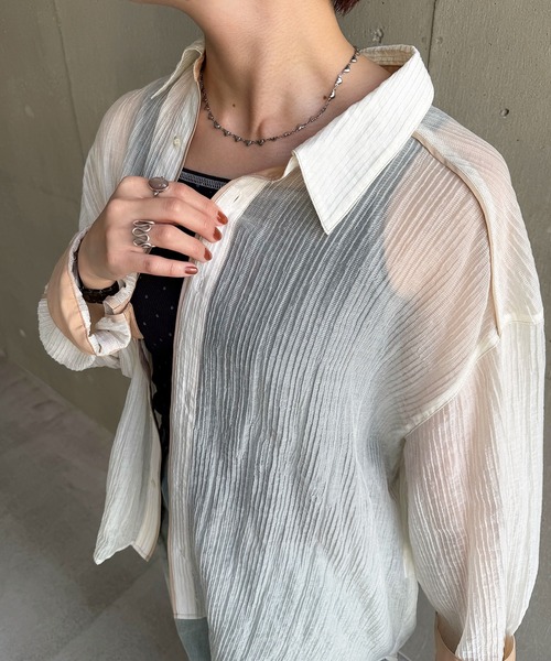 DOUBLE NAME(ダブルネーム)の「長袖シアーパイピングシャツ(シャツ/ブラウス・レディース・オレンジ/オフホワイト/グリーン・FREE)」の20枚目の写真