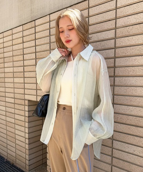 DOUBLE NAME(ダブルネーム)の「長袖シアーパイピングシャツ(シャツ/ブラウス・レディース・オレンジ/オフホワイト/グリーン・FREE)」の13枚目の写真