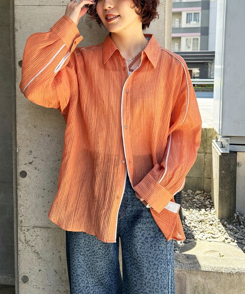 DOUBLE NAME(ダブルネーム)の「長袖シアーパイピングシャツ(シャツ/ブラウス・レディース・オレンジ/オフホワイト/グリーン・FREE)」の11枚目の写真