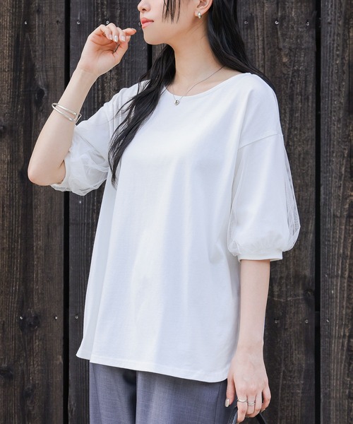 n'OrLABEL(ノアールレーベル)の「【汗じみ防止】チュールぽわん袖カットソー(Tシャツ/カットソー・レディース・ライトブルー/オフホワイト/ブラック/グレイッシュベージュ・2/1)」の2枚目の写真