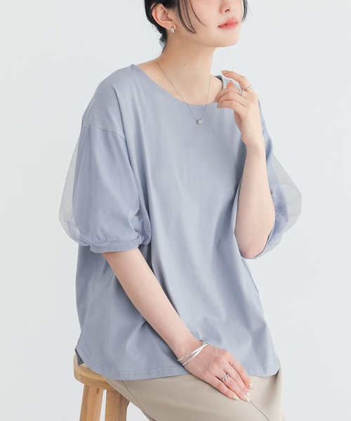 n'OrLABEL(ノアールレーベル)の「【汗じみ防止】チュールぽわん袖カットソー(Tシャツ/カットソー・レディース・ライトブルー/オフホワイト/ブラック/グレイッシュベージュ・2/1)」の6枚目の写真