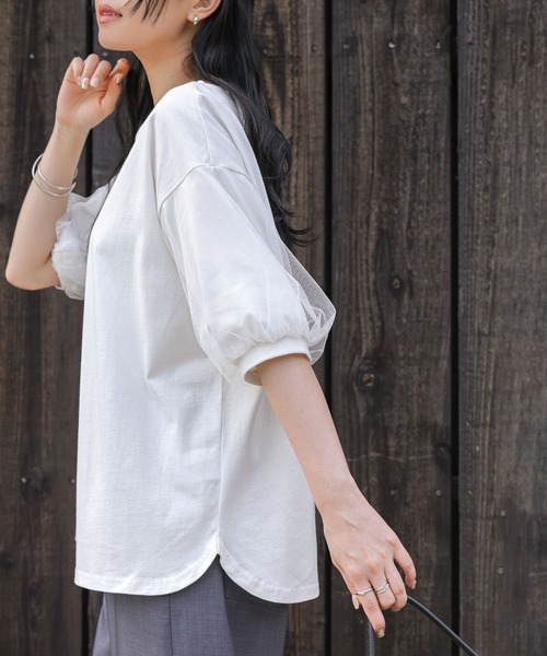 n'OrLABEL(ノアールレーベル)の「【汗じみ防止】チュールぽわん袖カットソー(Tシャツ/カットソー・レディース・ライトブルー/オフホワイト/ブラック/グレイッシュベージュ・2/1)」の14枚目の写真