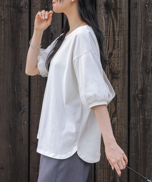 n'OrLABEL(ノアールレーベル)の「【汗じみ防止】チュールぽわん袖カットソー(Tシャツ/カットソー・レディース・ライトブルー/オフホワイト/ブラック/グレイッシュベージュ・2/1)」の15枚目の写真