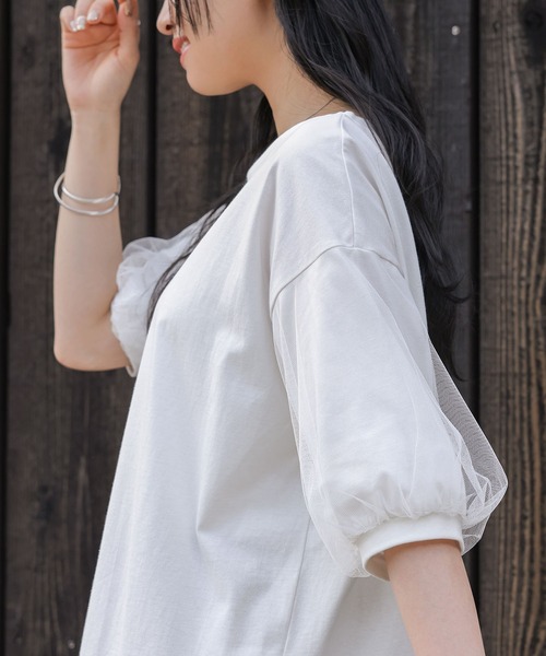 n'OrLABEL(ノアールレーベル)の「【汗じみ防止】チュールぽわん袖カットソー(Tシャツ/カットソー・レディース・ライトブルー/オフホワイト/ブラック/グレイッシュベージュ・2/1)」の16枚目の写真