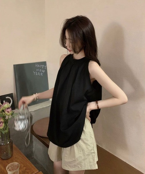 ADDITION STORE（アディションストア）の「＼安心ゆったり♪体型カバー／ボックスプリーツ ホルターネック ノースリーブ ブラウス（シャツ/ブラウス・レディース・ブルー/ブラック・SMALL/LARGE/MEDIUM）」の9枚目の写真