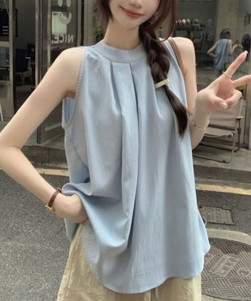 ADDITION STORE（アディションストア）の「＼安心ゆったり♪体型カバー／ボックスプリーツ ホルターネック ノースリーブ ブラウス（シャツ/ブラウス・レディース・ブルー/ブラック・SMALL/LARGE/MEDIUM）」の12枚目の写真