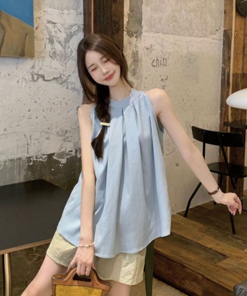 ADDITION STORE（アディションストア）の「＼安心ゆったり♪体型カバー／ボックスプリーツ ホルターネック ノースリーブ ブラウス（シャツ/ブラウス・レディース・ブルー/ブラック・SMALL/LARGE/MEDIUM）」の16枚目の写真