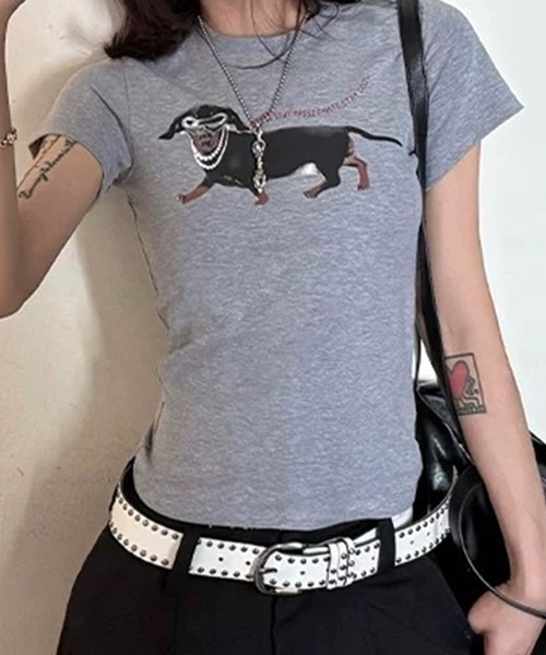 meJane(ミージェーン)の「犬モチーフ クルーネックTシャツ(Tシャツ/カットソー・レディース・霜降りグレー/ホワイト・FREE)」の6枚目の写真