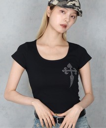 【 BARELY BLUE / ベアリーブルー 】 クロス ビジュー クロップド 半袖 Tシャツ