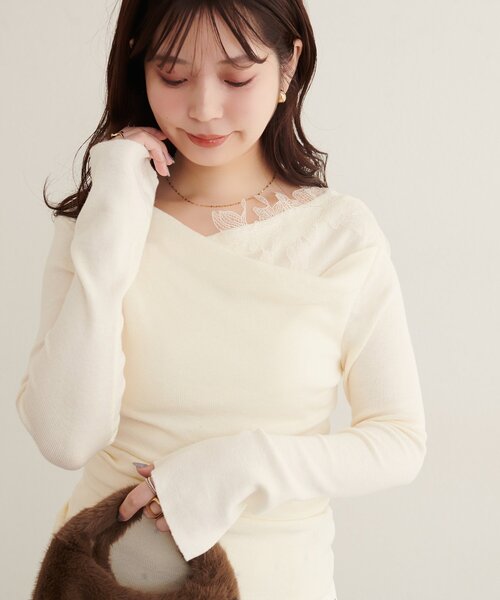 natural couture（ナチュラルクチュール）の「レースデザインドレープニット（ニット/セーター・レディース・ブラック/ブラウン/サックスブルー/ピンク/アイボリー・FREE）」の7枚目の写真