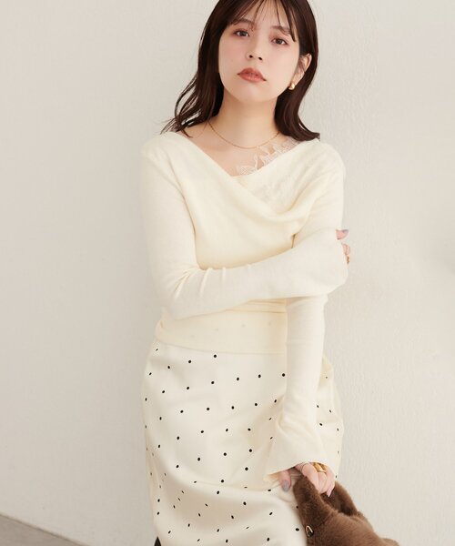 natural couture（ナチュラルクチュール）の「レースデザインドレープニット（ニット/セーター・レディース・ブラック/ブラウン/サックスブルー/ピンク/アイボリー・FREE）」の8枚目の写真