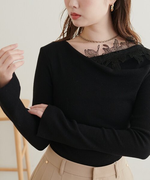 natural couture（ナチュラルクチュール）の「レースデザインドレープニット（ニット/セーター・レディース・ブラック/ブラウン/サックスブルー/ピンク/アイボリー・FREE）」の11枚目の写真