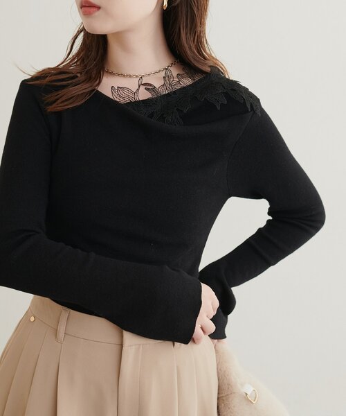 natural couture（ナチュラルクチュール）の「レースデザインドレープニット（ニット/セーター・レディース・ブラック/ブラウン/サックスブルー/ピンク/アイボリー・FREE）」の12枚目の写真