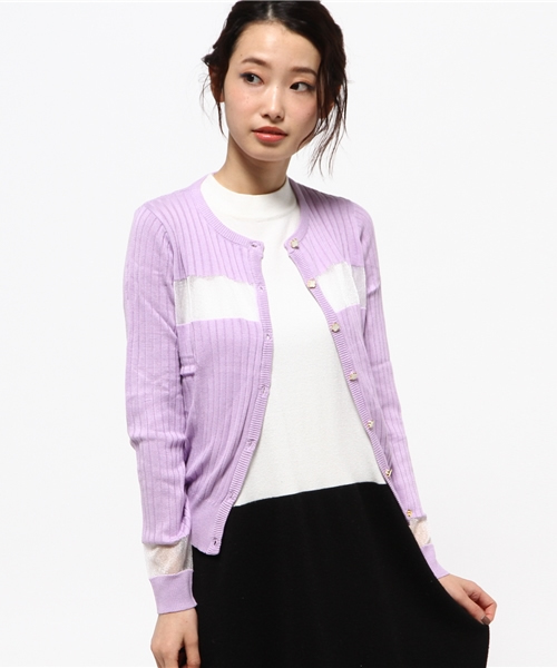 REAL CUBE(リアルキューブ)の「REAL CUBE フラワーボタン シースルー切替カーディガン(カーディガン/ボレロ・レディース・ピンク/オフホワイト/グレー/ラベンダー・38)」の3枚目の写真