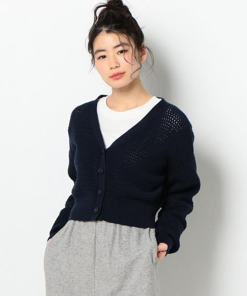Another Edition(アナザーエディション)の「スカシVネックショートカーディガン ◆(カーディガン/ボレロ・レディース・ネイビー/オフホワイト/ライトピンク・FREE)」の1枚目の写真
