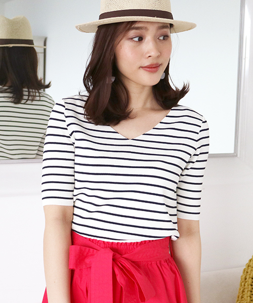 N.（N. Natural Beauty Basic）（エヌエヌナチュラルビューティーベーシック）の「◆総針ボーダーVネックニット 5分袖（ニット/セーター・レディース・ピンク系その他/クリアグリーン/ホワイト系その他・MEDIUM）」の2枚目の写真