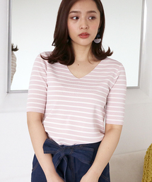 N.（N. Natural Beauty Basic） | ◆総針ボーダーVネックニット 5分袖(ニット/セーター)