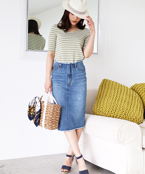 N.（N. Natural Beauty Basic）（エヌエヌナチュラルビューティーベーシック）の「◆総針ボーダーVネックニット 5分袖（ニット/セーター・レディース・ピンク系その他/クリアグリーン/ホワイト系その他・MEDIUM）」の5枚目の写真