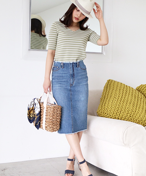 N.（N. Natural Beauty Basic）（エヌエヌナチュラルビューティーベーシック）の「◆総針ボーダーVネックニット 5分袖（ニット/セーター・レディース・ピンク系その他/クリアグリーン/ホワイト系その他・MEDIUM）」の6枚目の写真