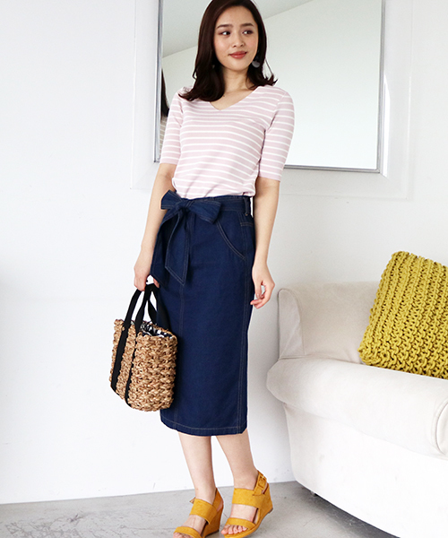 N.（N. Natural Beauty Basic）（エヌエヌナチュラルビューティーベーシック）の「◆総針ボーダーVネックニット 5分袖（ニット/セーター・レディース・ピンク系その他/クリアグリーン/ホワイト系その他・MEDIUM）」の7枚目の写真