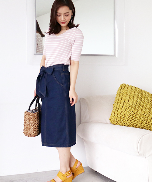 N.（N. Natural Beauty Basic）（エヌエヌナチュラルビューティーベーシック）の「◆総針ボーダーVネックニット 5分袖（ニット/セーター・レディース・ピンク系その他/クリアグリーン/ホワイト系その他・MEDIUM）」の8枚目の写真