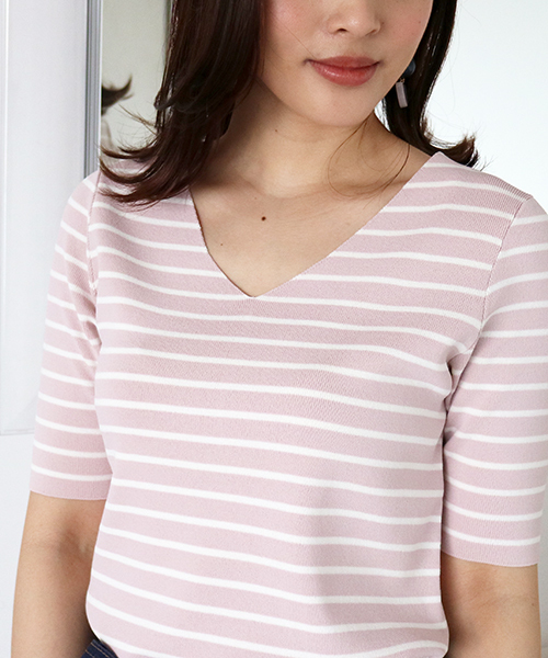 N.（N. Natural Beauty Basic）（エヌエヌナチュラルビューティーベーシック）の「◆総針ボーダーVネックニット 5分袖（ニット/セーター・レディース・ピンク系その他/クリアグリーン/ホワイト系その他・MEDIUM）」の9枚目の写真