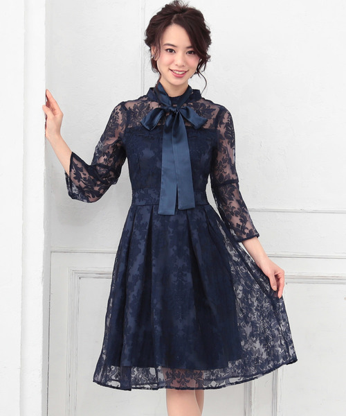 Primazel プリマゼル のファッション ドレス リボンタイ付き七分袖レースフレアタックワンピース 結婚式パーティードレス ドレス