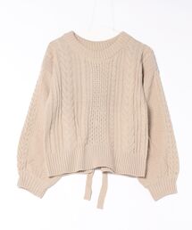 バックリボンバルキー編みケーブルニットセーター