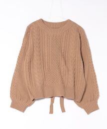 バックリボンバルキー編みケーブルニットセーター