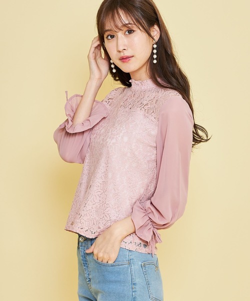 tocco closet(トッコ クローゼット)の「レース切替シフォンスリーブブラウス(シャツ/ブラウス・レディース・オフホワイト/ピンク・M)」の2枚目の写真