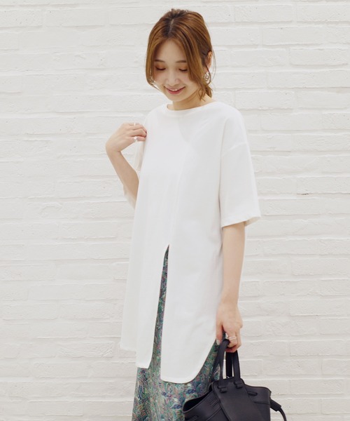 DouDou(ドゥドゥ)の「2WAYスリット7分T(Tシャツ/カットソー・レディース・オフホワイト/ピンク/カーキ/グレー系その他/グレー/バイオレット/サンドベージュ・FREE)」の2枚目の写真